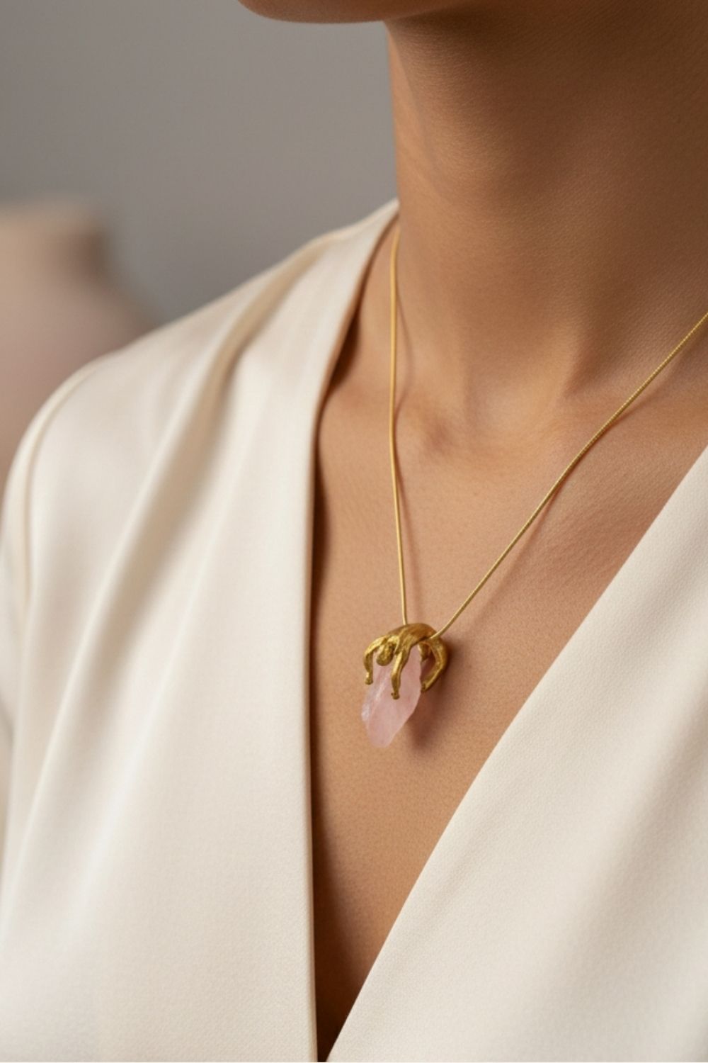 Lüks doğal pembe kuvars taşlı kolye modeli